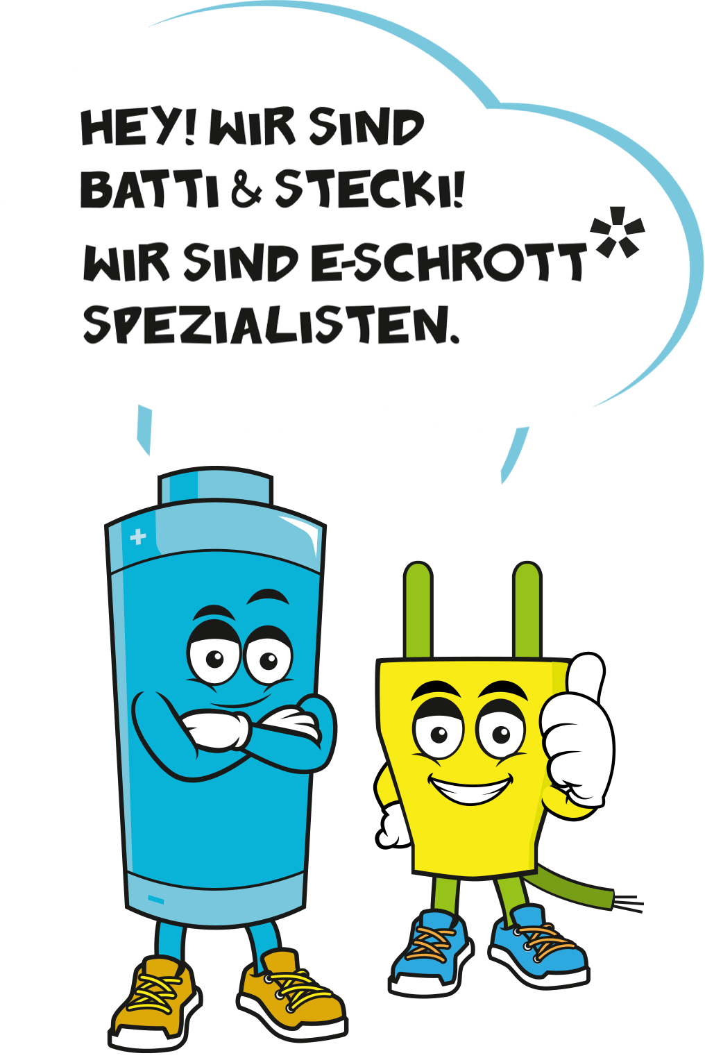 Batti und Stecki begrüßen dich. Stecki gibt dir einen Daumen hoch und freut sich.