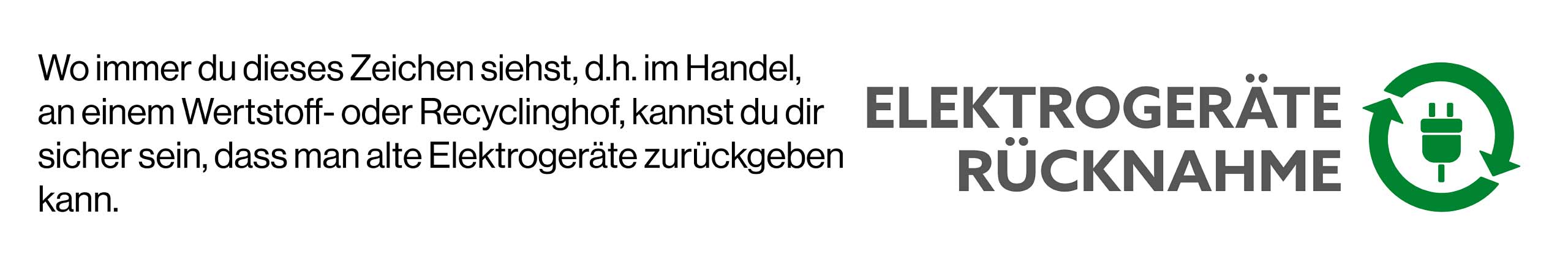 Hinweisbox mit dem Text: „Wo immer du dieses Zeichen siehst, d. h. im Handel, an einem Wertstoff- oder Recyclinghof, kannst du dir sicher sein, dass man alte Elektrogeräte zurückgeben kann.“ Daneben das grüne Symbol für „Elektrogeräte Rücknahme“ mit einem Kreis aus zwei Pfeilen und einem Netzstecker in der Mitte.