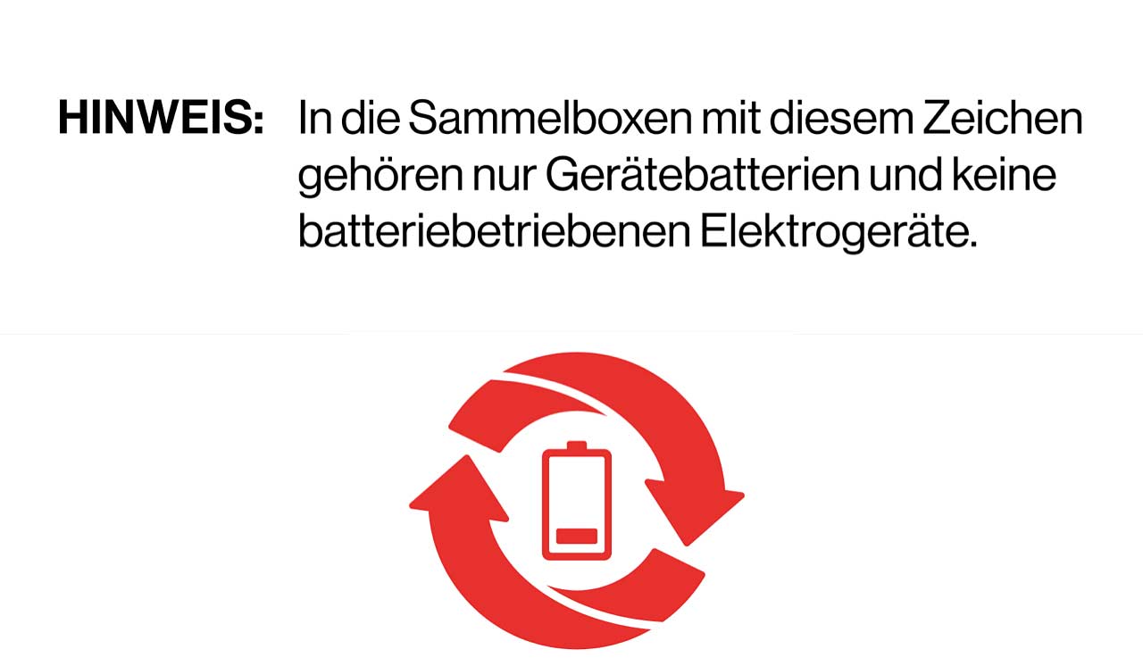 Grafik mit einem roten Recycling-Symbol mit einem Leere-Batteriesymbol in der Mitte und dem Hinweis: „In die Sammelboxen mit diesem Zeichen gehören nur Gerätebatterien und keine batteriebetriebenen Elektrogeräte.“