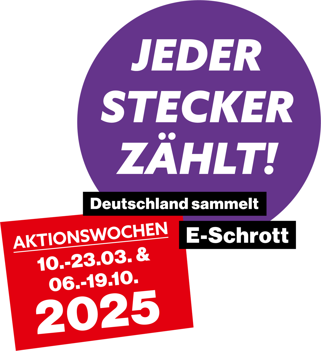 Grafik mit den Informationen: Jeder Stecker zählt! Deutschland sammelt E-Schrott. Aktionswochen vom 10. bis 23. März 2025 und vom 6. bis 19. Oktober 2025
