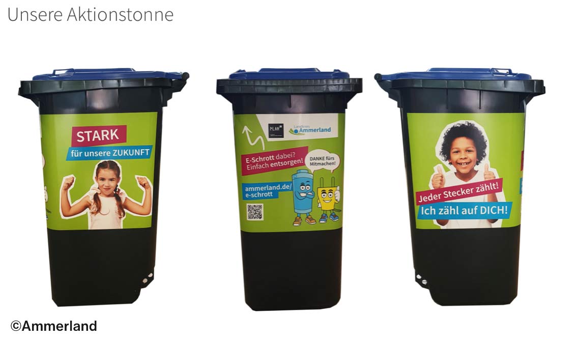 Alle drei Seiten von einer E-Schrott-Tonne, damit das aufgeklebte Werbematerial gesehen werden kann.