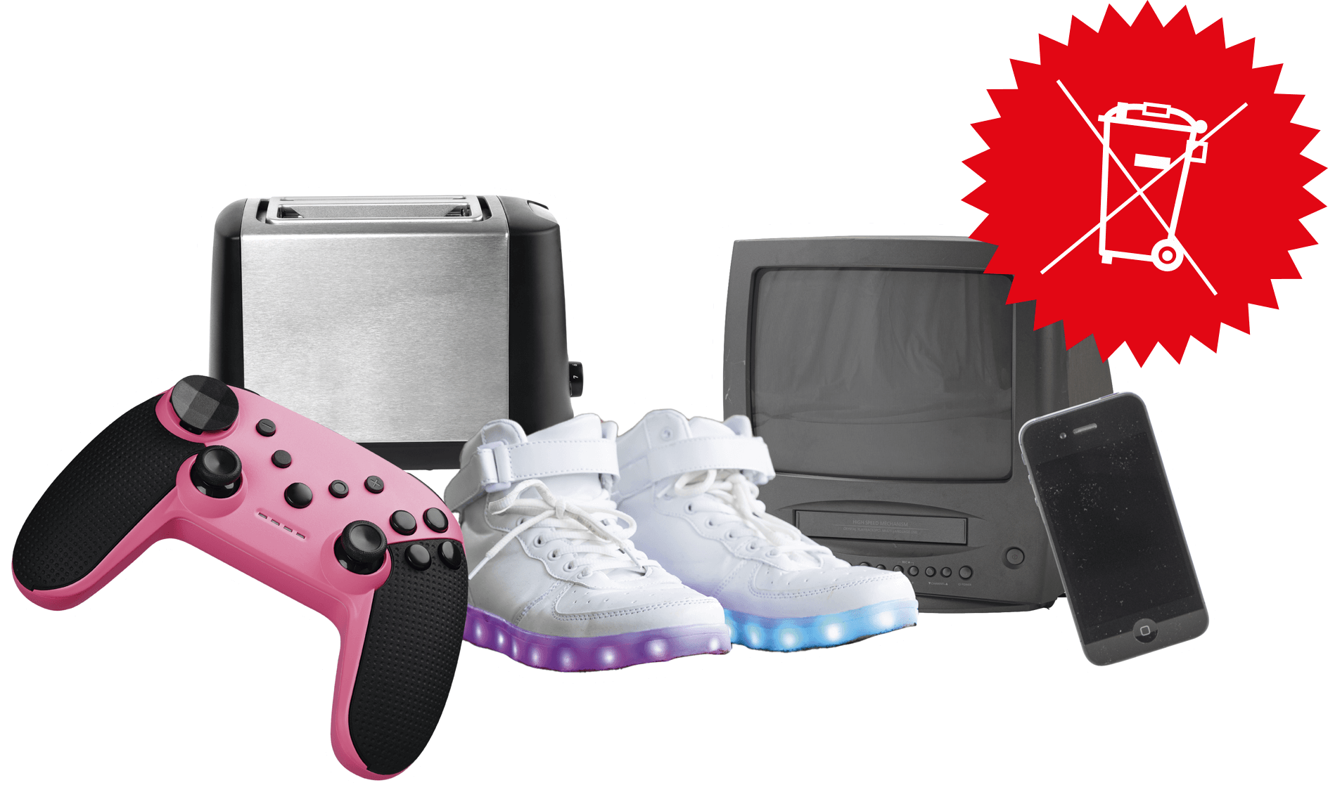 Eine Sammlung von Geräten und Spielzeug die nicht in die normale Mülltonne geworfen werden dürfen. Hierzu gehören zum Beispiel: Ein Gaming-Kontroller, ein Handy, Schuhe mit Lichteffekt, ein Fernseher und ein Toster.