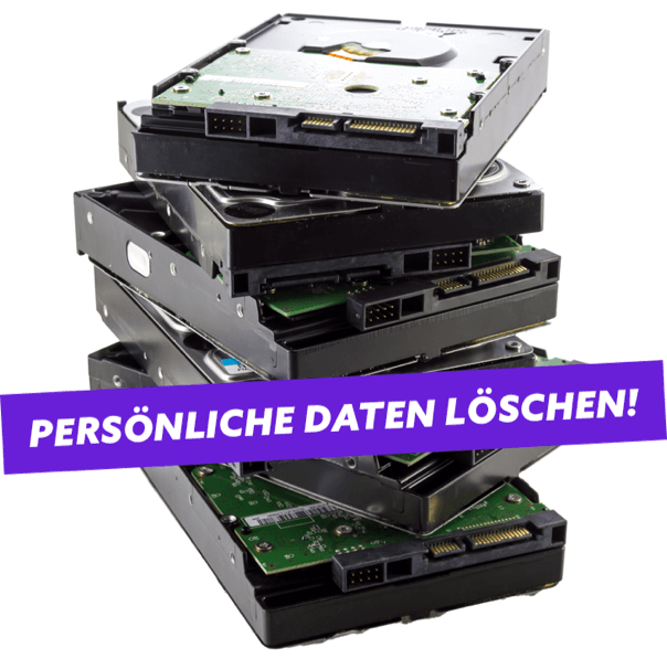 "Persönliche Daten löschen!" geschrieben vor einem Haufen Festplatten.