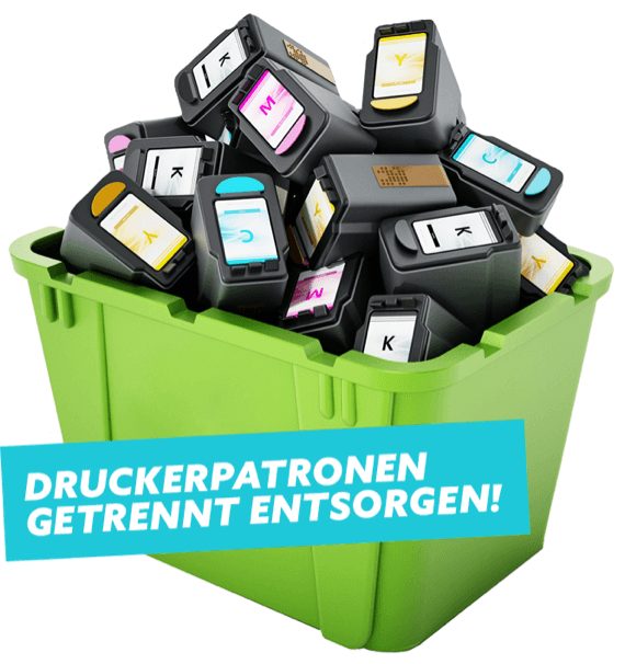 "Druckerpartronen getrennt entsorgen!" geschrieben vor einem Eimer mit alten Druckerpatronen.