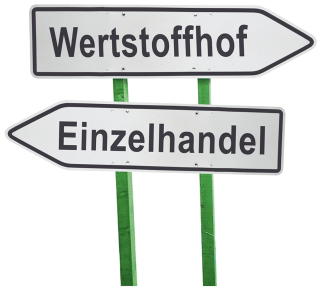 Zwei Wegschilder mit den Aufschriften "Wertstoffhof" und "Einzelhandel".
